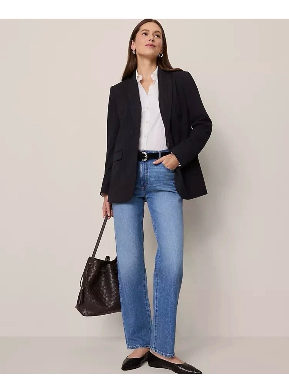 NWT $209 ANN TAYLOR  NAVY WHITE PINSTRIPE THE LONGLINE BLAZER SZ 12